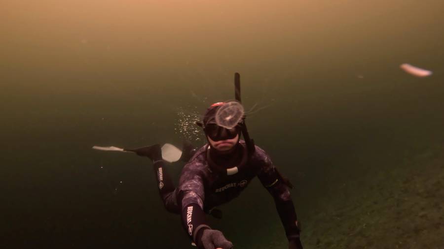 Moody, low-light shot of a freediver descending into deep blue water